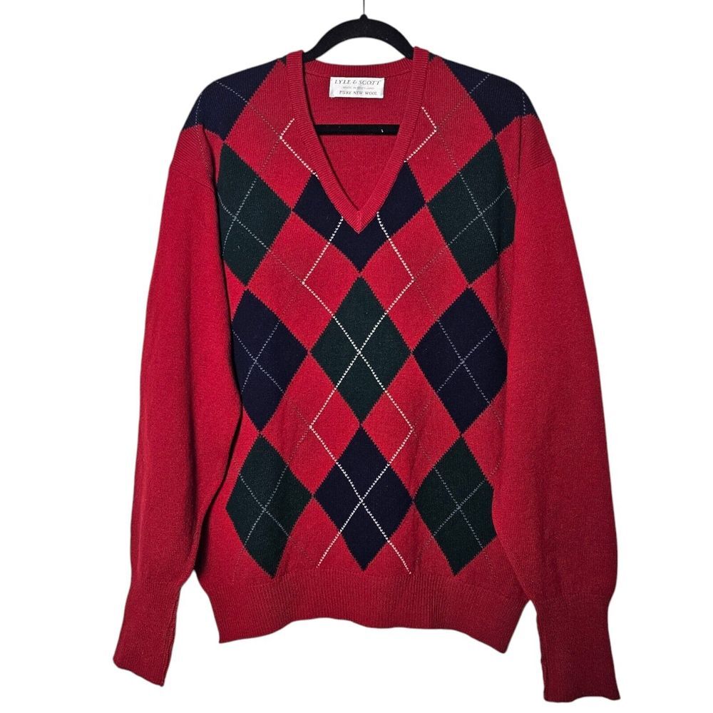 VTG Lyle & Scott Pure New Wool Red‎ Argle Sweater XL V Neck Made in Scotland